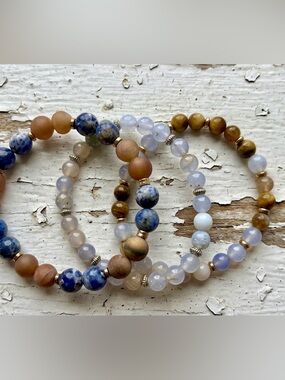 Handcrafted Blue and Brown Gemstone Stretch Bracelet Set - Women Jewelry